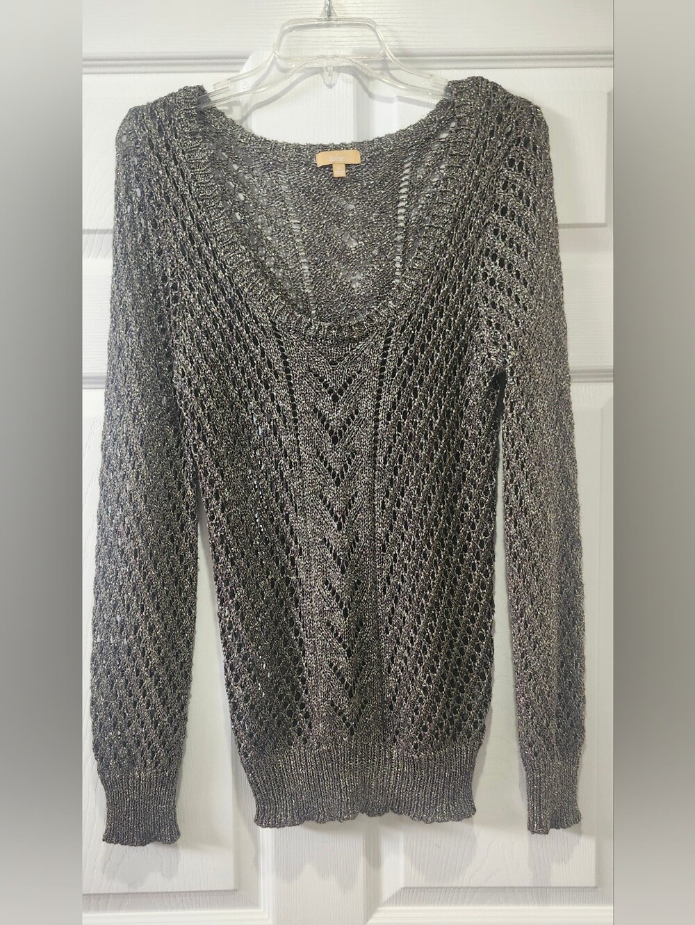 Takara Metallic Gray Open-Knit V-Neck Sweater